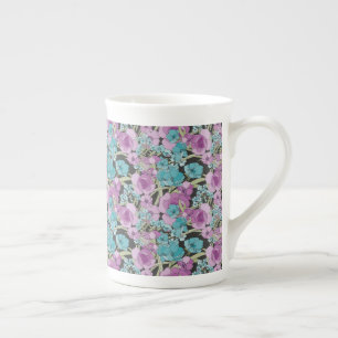 Tasse En Porcelaine Elégant motif floral rose pourpre fond noir