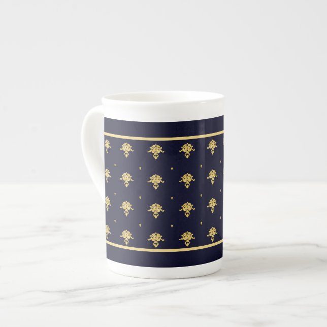 Tasse En Porcelaine Elegant Navy Blue et Gold Damask (Devant gauche)