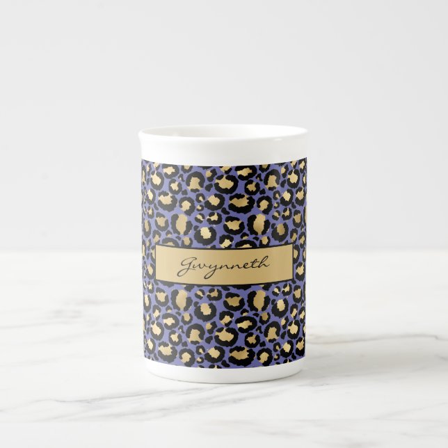 Tasse En Porcelaine Empreinte de léopard violet noir monogrammé (Devant)