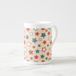 Tasse En Porcelaine Étoiles rouges et bleues, 4 juillet, fond beige