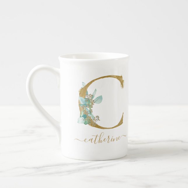 Tasse En Porcelaine Eucalyptus Verdure Aquarelle Or Monogramme C (Gauche)