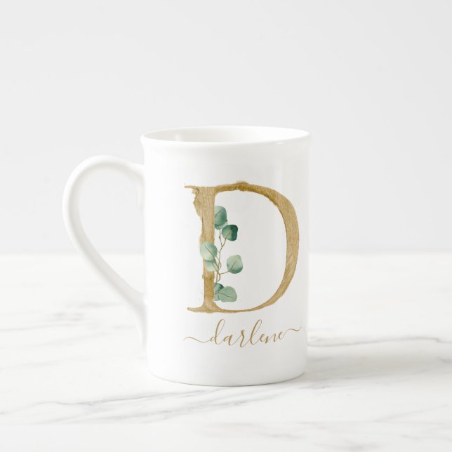 Tasse En Porcelaine Eucalyptus Verdure Aquarelle Or Monogramme D (Gauche)