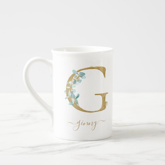 Tasse En Porcelaine Eucalyptus Verdure Aquarelle Or Monogramme G (Gauche)