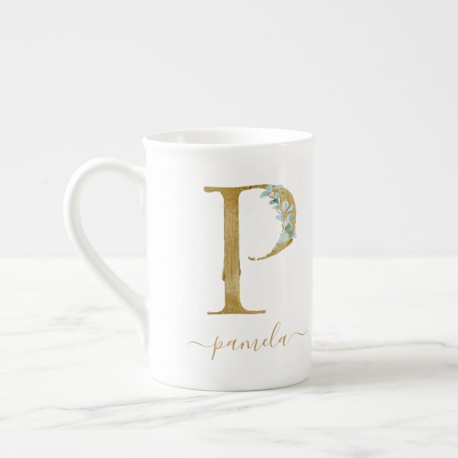 Tasse En Porcelaine Eucalyptus Verdure Aquarelle Or Monogramme P (Gauche)