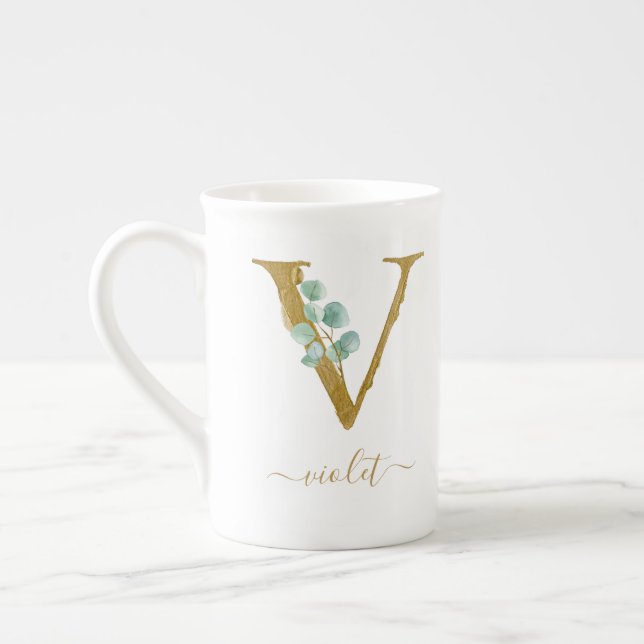 Tasse En Porcelaine Eucalyptus Verdure Aquarelle Or Monogramme V (Gauche)