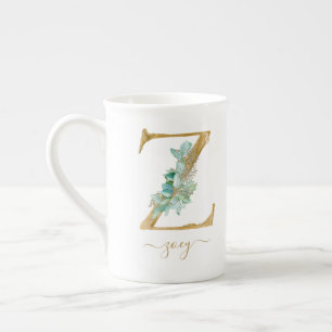 Tasse En Porcelaine Eucalyptus Verdure Aquarelle Or Monogramme Z 