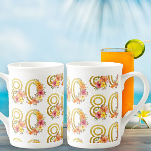 Tasse En Porcelaine Fête d'anniversaire 80 ans Floral Coloré Numéro 80