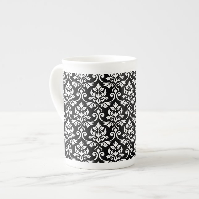 Tasse En Porcelaine Feuille Damask Patte blanc sur noir (Devant gauche)