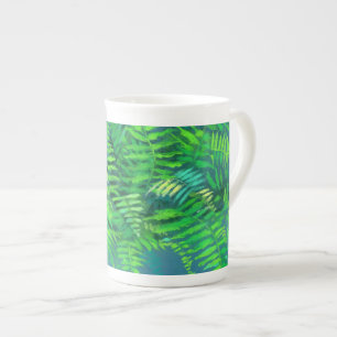 Tasse En Porcelaine Feuilles de fougères, design floral, verdure, bleu