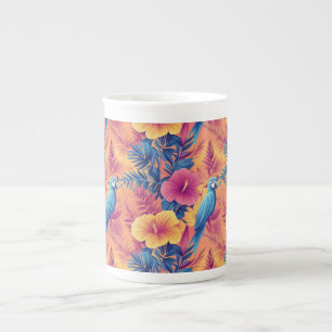 Tasse En Porcelaine Feuilles tropicaux et perroquets Motif d'été