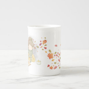 Tasse En Porcelaine Fille d'automne avec Feuilles volants
