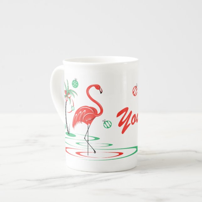 Tasse En Porcelaine Flamant rose de Noël rouge Nom d'os chine osseuse (Devant gauche)