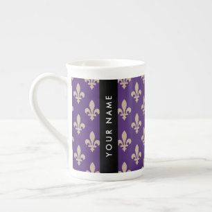 Tasse En Porcelaine Fleur de Lis, Beige sur Violet, Royal, Votre Nom