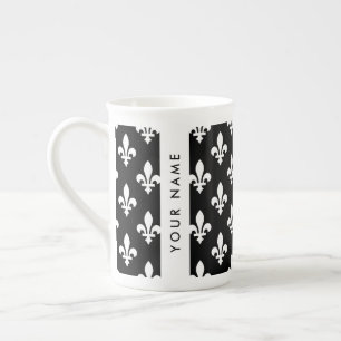 Tasse En Porcelaine Fleur de Lis, Blanc sur Noir, Blanc, Votre Nom