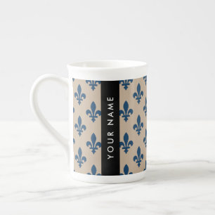 Tasse En Porcelaine Fleur de Lis, Bleu Marine sur Beige, Royal, Votre
