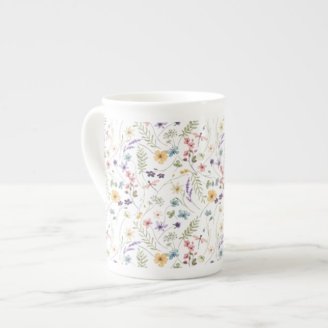Tasse En Porcelaine Fleur sauvage Aquarelle Et Motif Papillons (Devant gauche)