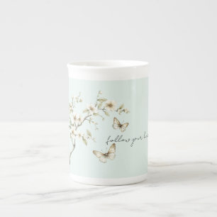 Tasse En Porcelaine Fleurs blanches de menthe Papillons Mariage