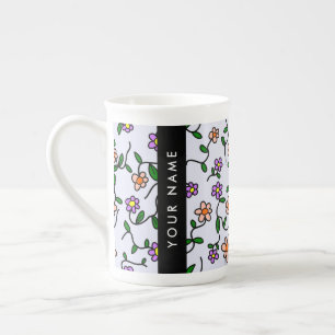 Tasse En Porcelaine Fleurs colorées, Arrière - plan bleu, Noir