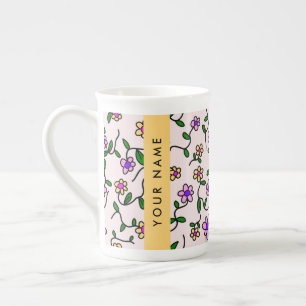 Tasse En Porcelaine Fleurs Colorées, Fond Rose, Jaune