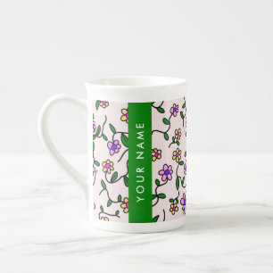 Tasse En Porcelaine Fleurs Colorées, Fond Rose, Vert