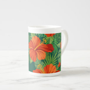Tasse En Porcelaine Fleurs d'Hibiscus Rouge Orange Vert Feuillage de l