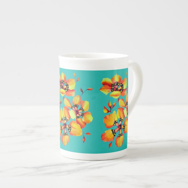Tasse En Porcelaine Fleurs orange élégantes - Aqua (Devant droit)