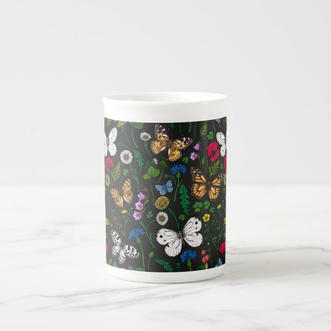 Tasse En Porcelaine Fleurs sauvages et papillons sur le noir (Devant)