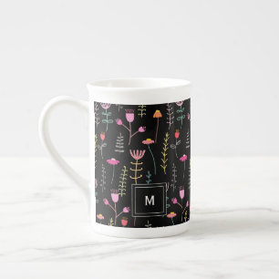 Tasse En Porcelaine Fleurs sauvages néon sur noir, monogrammed