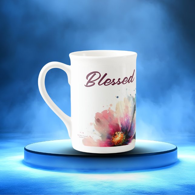 Tasse En Porcelaine Floral Berry BÉNÉFICIE D'UN Design Typographique (Floral Design with the Word Blessed)