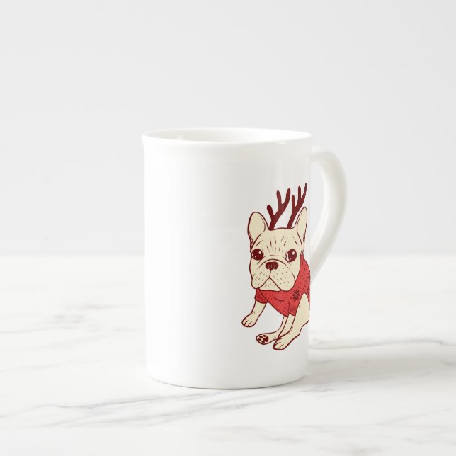 Tasse En Porcelaine Frenchie bleu dans le chandail de Noël (Devant droit)