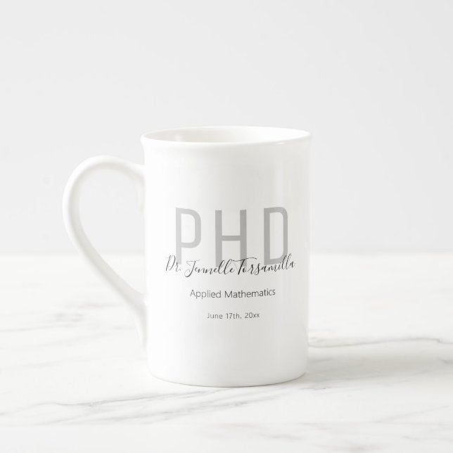 Tasse En Porcelaine Graduate Keepsaké Black Grey Nom Diplôme PhD (Gauche)