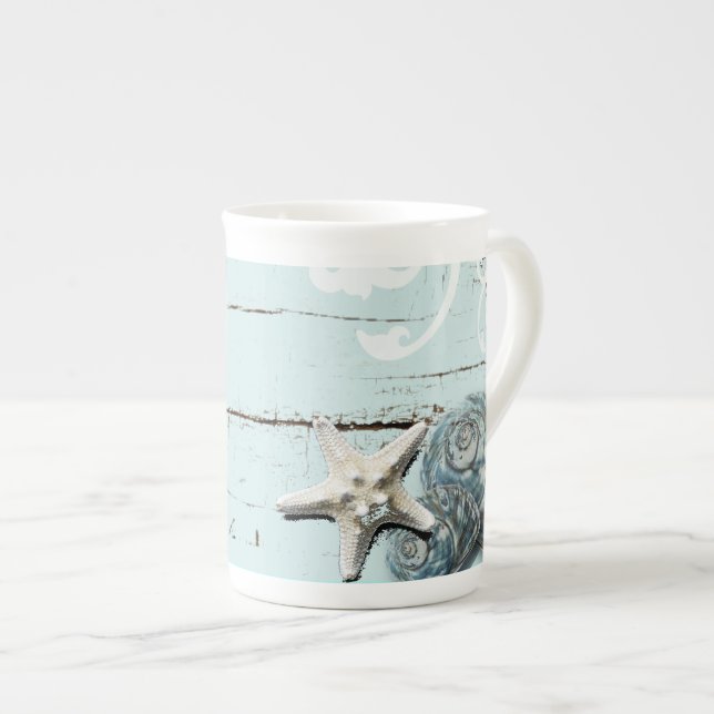 Tasse En Porcelaine Grange côtière bois aqua bleu étoile coquillages (Devant droit)