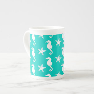 Tasse En Porcelaine Hippocampe et étoile de mer - blanc sur turquoise