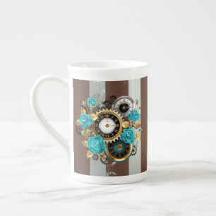 Tasse En Porcelaine Horloge Steampunk et roses turquoise sur fond rayé