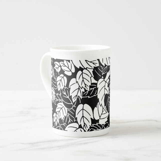 Tasse En Porcelaine Impression feuille japonaise, noir et blanc (Devant gauche)