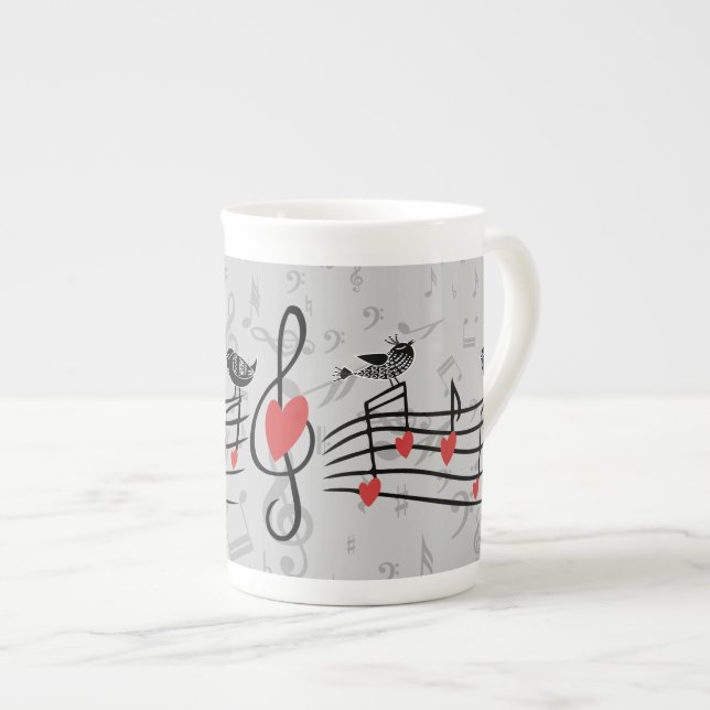 Tasse En Porcelaine Inséparables de musique sur Grey Notes musicales (Devant droit)