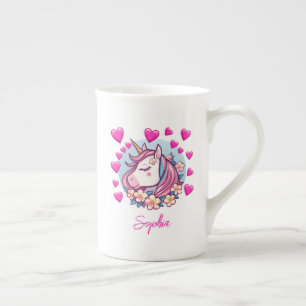 Tasse En Porcelaine Joli Licorne, Cœurs Roses & Fleurs, Nom Personnali