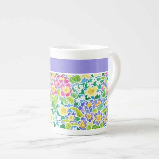 Tasse En Porcelaine Joli rose, Bleu, Motif Primroses Jaunes (Devant droit)
