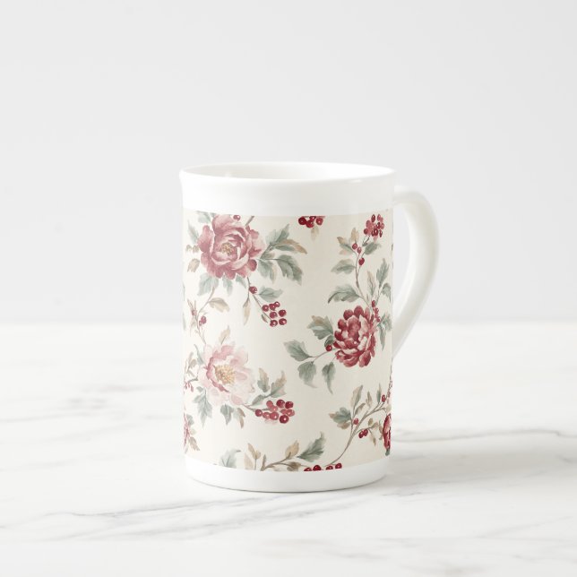 Tasse En Porcelaine Jolie Chic Fleurs Crème Rouge   (Devant droit)