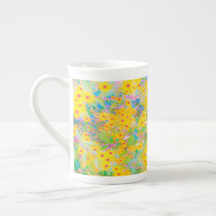 Tasse En Porcelaine Jolies fleurs jaunes et rouges avec turquoise