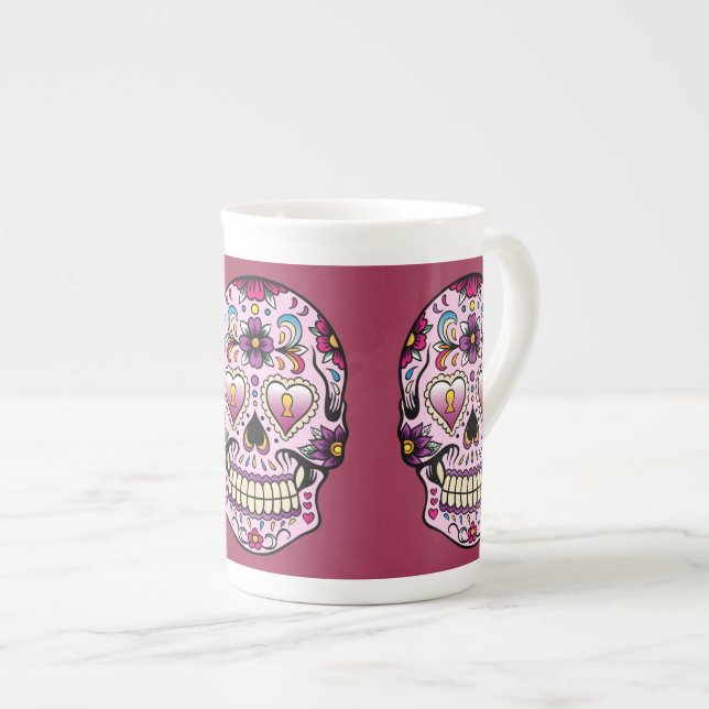 Tasse En Porcelaine Jour de la mort crâne sucre rose (Devant droit)