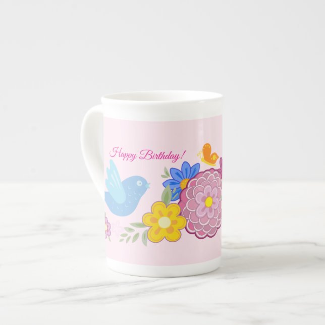 Tasse En Porcelaine Joyeux anniversaire Fleurs sauvages Jardin Oiseaux (Devant gauche)