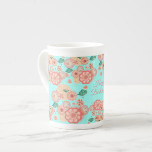 Tasse En Porcelaine Joyeux anniversaire - jardin de fleurs de pêche de