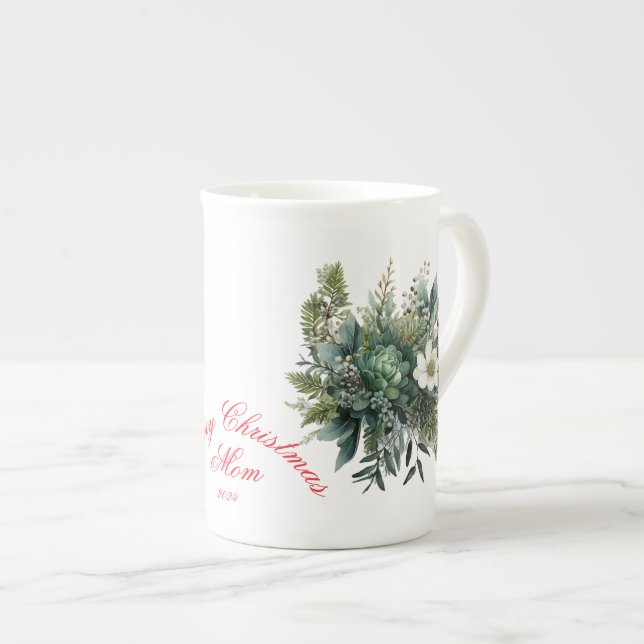 Tasse En Porcelaine Joyeux Noël Maman Vert Floral (Devant droit)