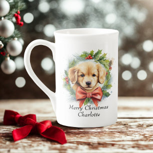 Tasse En Porcelaine Joyeux Noël mignon Aquarelle Chien Chien Chien Nom