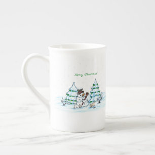 Tasse En Porcelaine Joyeux Noël ! Snowman avec chat et chiot
