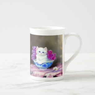 Tasse En Porcelaine Kitten blanc vintage aux fleurs roses