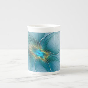 Tasse En Porcelaine La petite fleur fractale moderne bleu or Beauty
