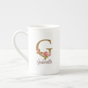 Tasse En Porcelaine Lettre de nom personnalisée G Rose poudré feuilles