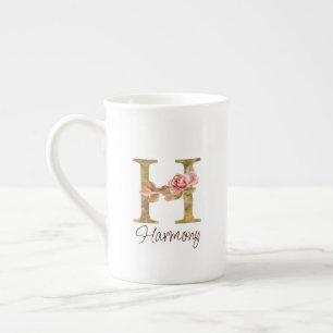 Tasse En Porcelaine Lettre de nom personnalisée H Roses roses blush fe